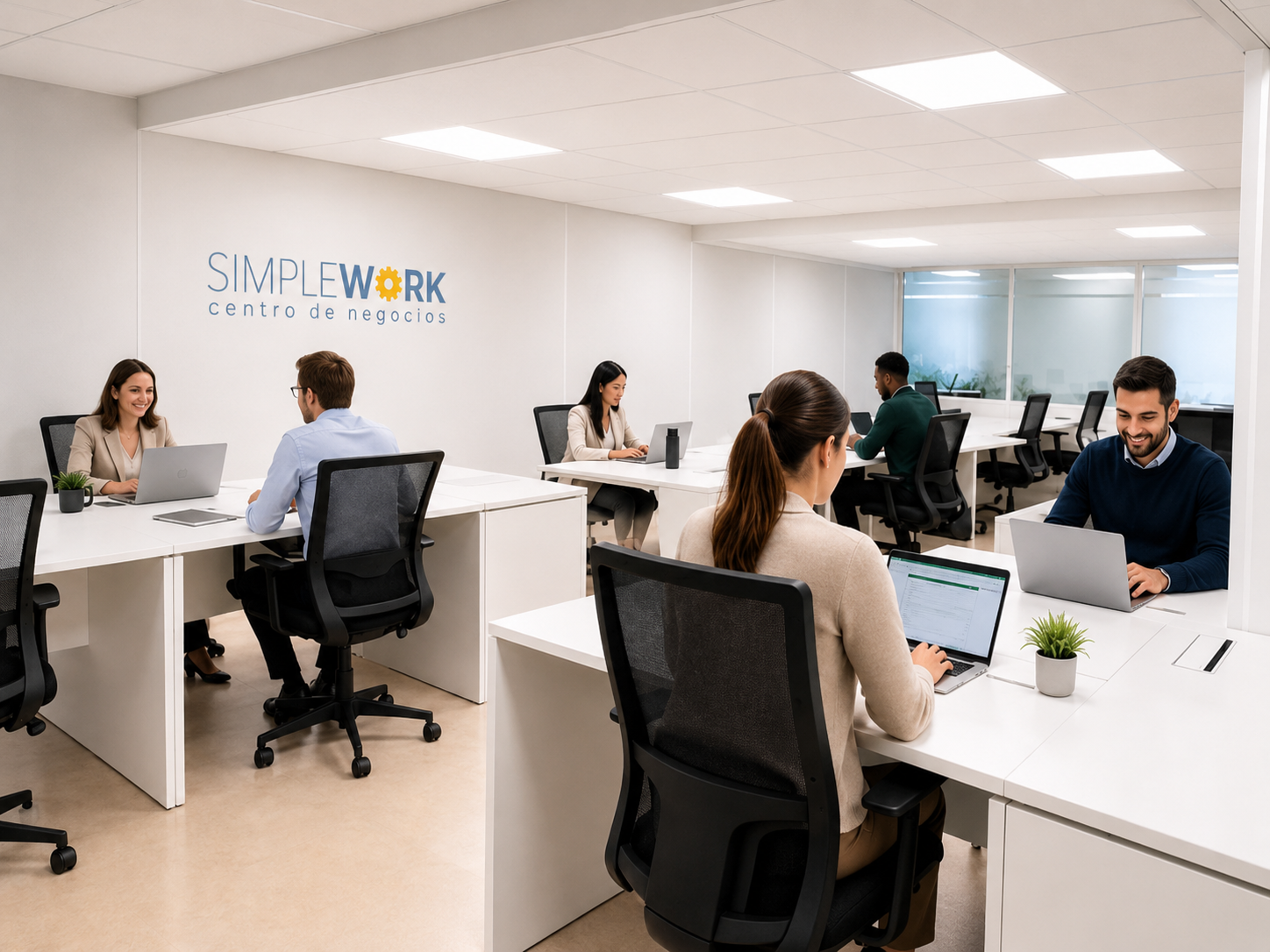 Zona de coworking abierta y luminosa con el logo de Simplework