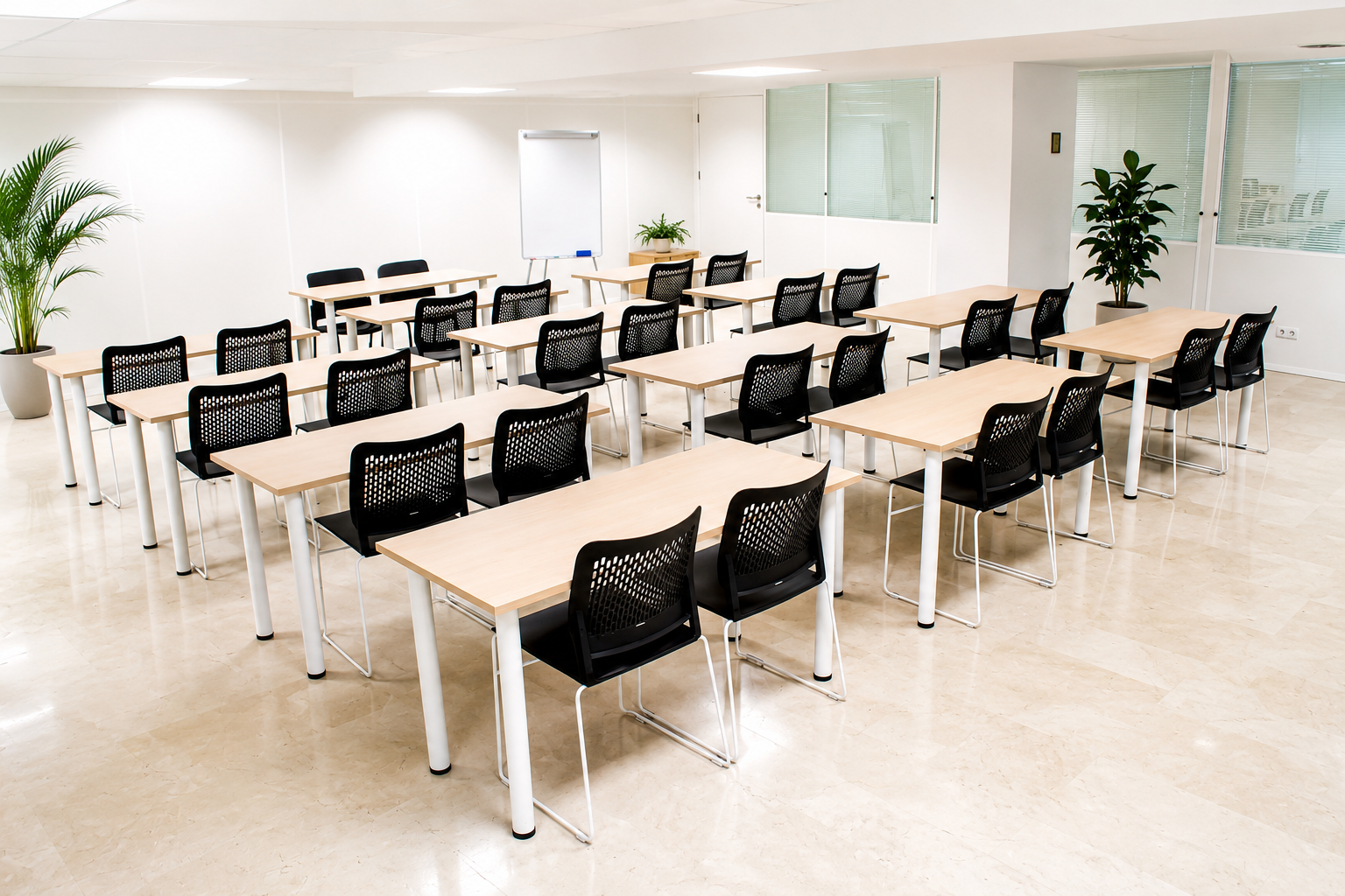 Aula de formación luminosa con mesas y sillas dispuestas en filas